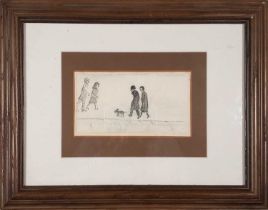 Manner of Laurence Stephen LOWRY, Figures and dog walking along a pavement, Pencil drawing, 3.5" x