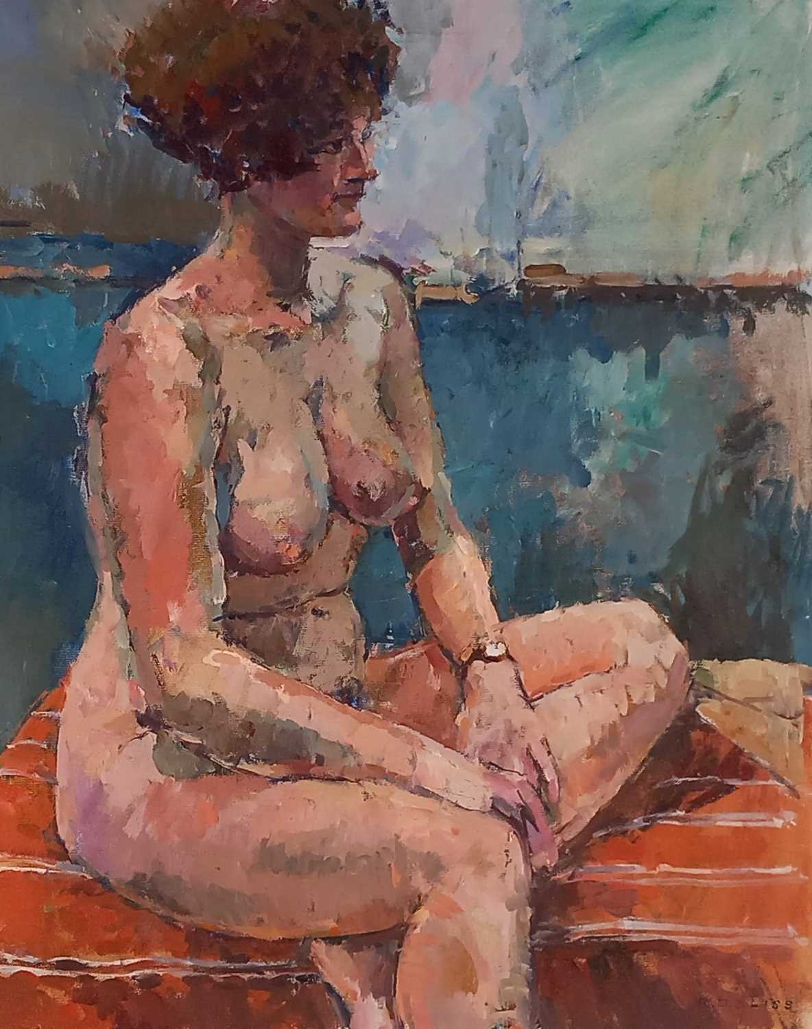 ƚ Roger BLISS (British 20th Century) Sharon - seated nude, Oil on board, Signed lower right,