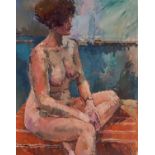 ƚ Roger BLISS (British 20th Century) Sharon - seated nude, Oil on board, Signed lower right,