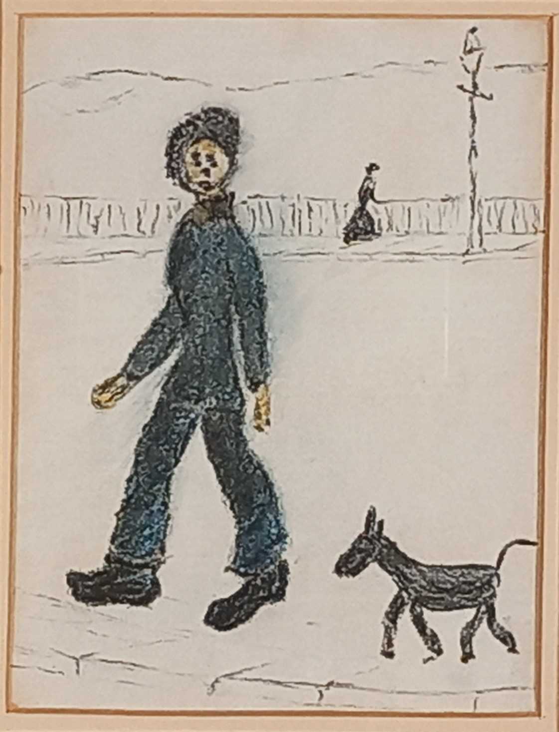 Manner of Laurence Stephen LOWRY, Man and dog, Crayon drawing, 6.25" x 4.75" (16cm x 12cm) - Image 2 of 3