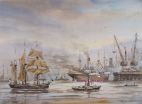Desmond V.C. JOHNSON (British 1922-2022) Ships Approaching and Departing Harbour, Watercolour,
