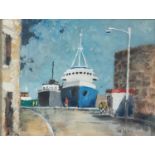 ƚ Jane LIPLEY (British 20th / 21st Century) Harbour Scene with boats and figures, Oil on board,