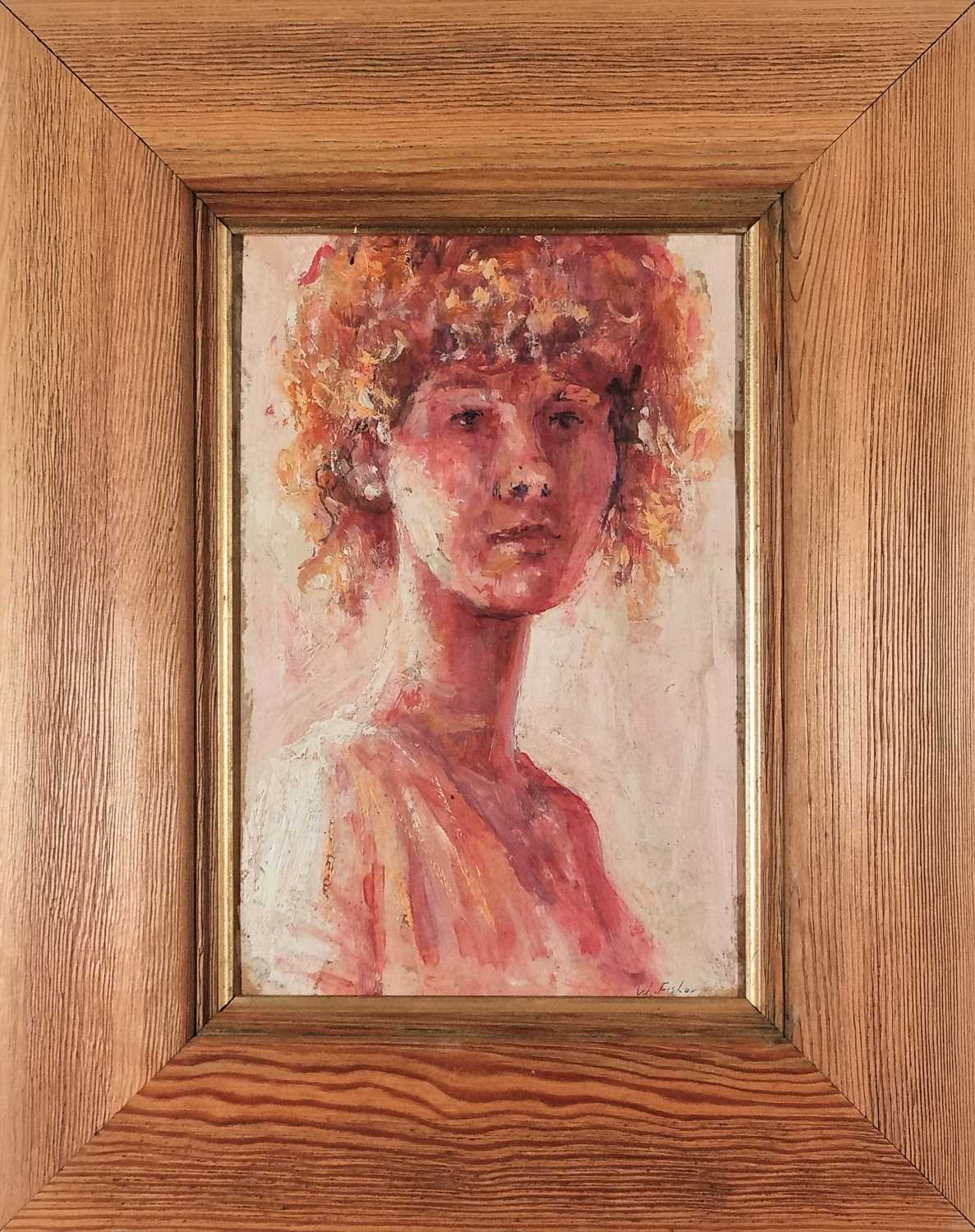 ƚ William (Bill) FISHER (British 20th Century) Portrait of a Young Girl, Oil on card, Signed lower - Image 2 of 3