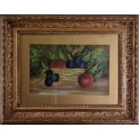 H LANG (Early 20th Century) Apples and Plums Still Life, Oil on paper, Signed lower left, 7" x 10.