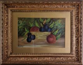 H LANG (Early 20th Century) Apples and Plums Still Life, Oil on paper, Signed lower left, 7" x 10.