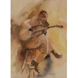 ƚ MOREMAN ? (20th Century) The Guitar Player, Watercolour, Signed lower right, 13" x 9.5" (33cm x