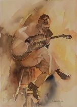 ƚ MOREMAN ? (20th Century) The Guitar Player, Watercolour, Signed lower right, 13" x 9.5" (33cm x