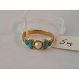 A GEORGIAN TURQUOISE AND PEARL RING 18CT GOLD TESTED SIZE M 2.5 GMS