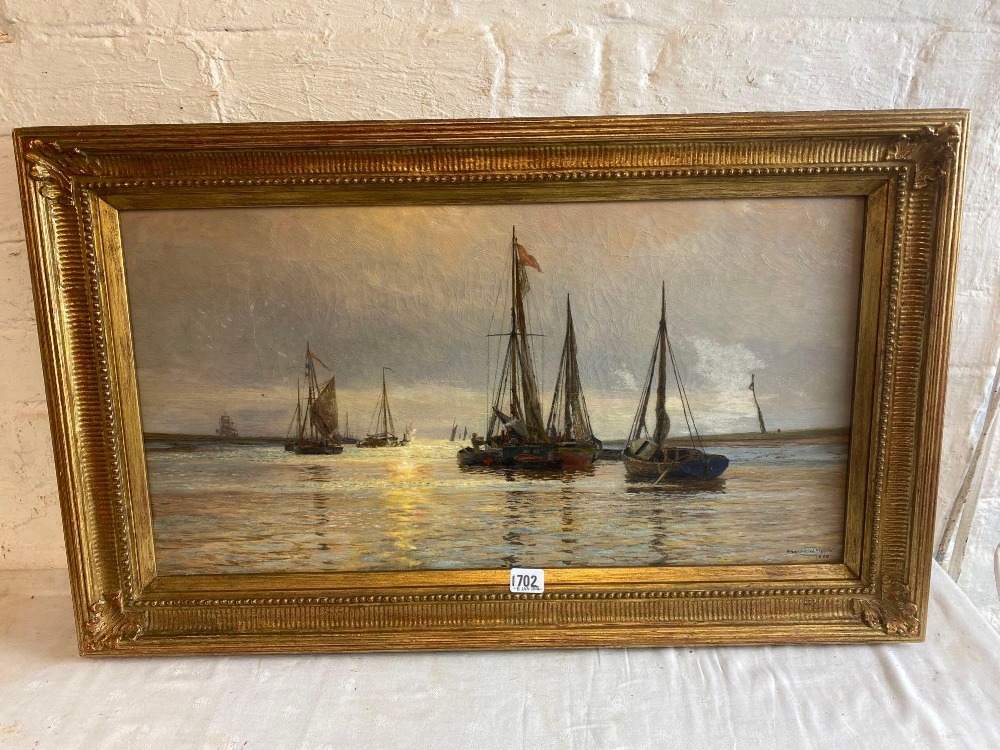 CHARLES W. WYLLIE 1880 - Fishing boats in an Estuary, 13.5" x 26", signed and dated