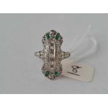 Vintage diamond & green stone plaque ring in 18ct white gold size O 3.2g inc