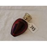 A good quality scent bottle with Ruby glass body and engraved neck and hinged cover, stamped