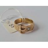 A VICTORIAN GOLD BELT RING WITH CHASED DECORATION AND DIAMONDS SET B’HAM 1882 18CT GOLD SIZE Q