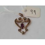 A pearl and amethyst drop pendant 9ct
