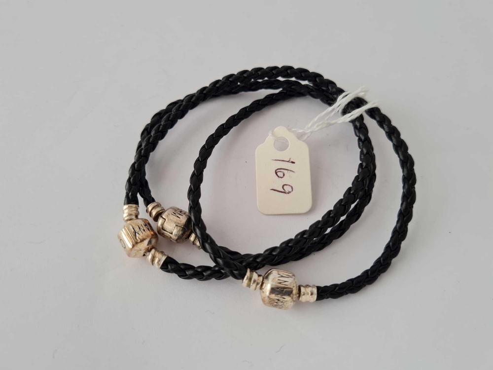 Three leather bracelets with silver clasp 7 inch will fit pandora beads