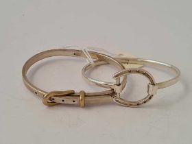 A silver horse shoe bracelet and buckle bracelet example