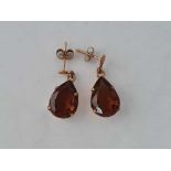 A pair of vintage brown stone 9ct drop earrings 3.6g inc