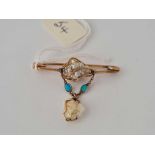A art nouveau gold baroque pearl and turquoise brooch 3.5 ms