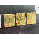 BRITISH GUIANA SG269, a,c. (1915-1921). 96c issues on yellow/lemon/pale yellow,