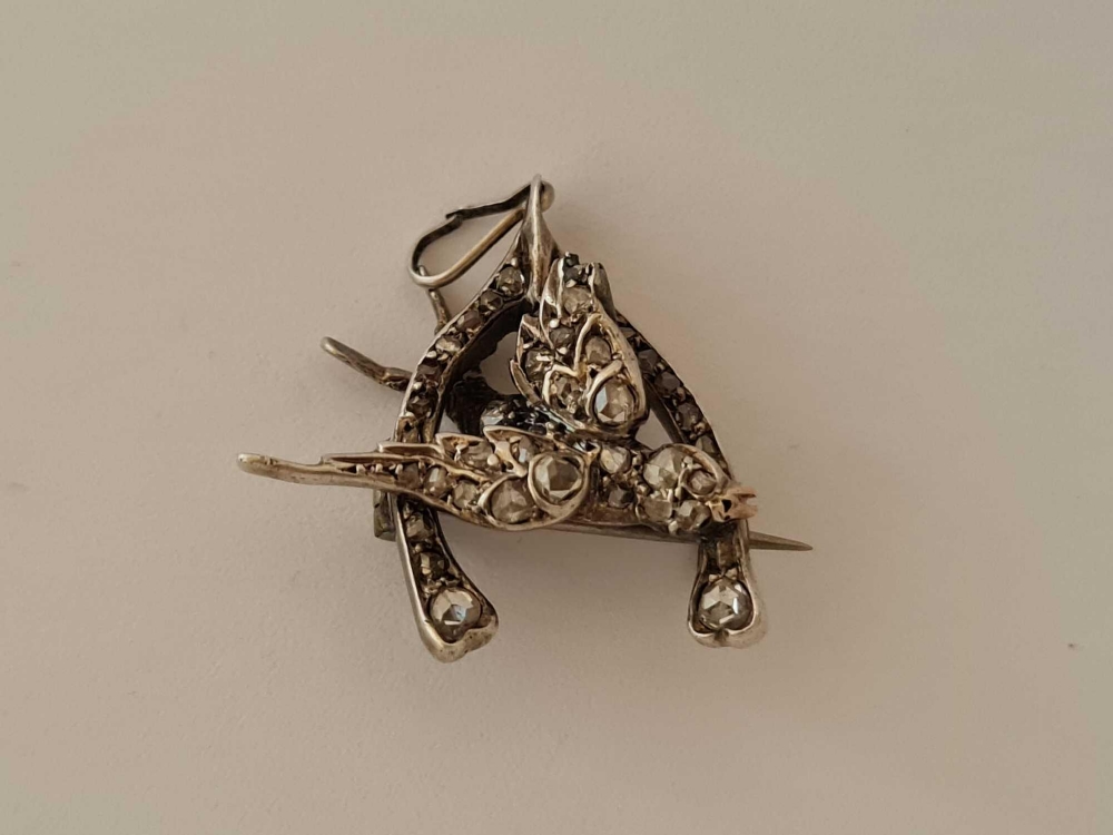 Victorian rose diamond set pendant designed as a swallow & horseshoe, silver fronted