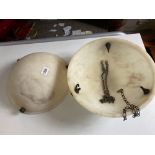 A pair of alabaster light bowls with hooks, 12" diameter