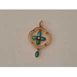 Antique Edwardian 9ct pendant mounted with turquoise & a pearl