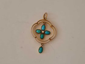Antique Edwardian 9ct pendant mounted with turquoise & a pearl