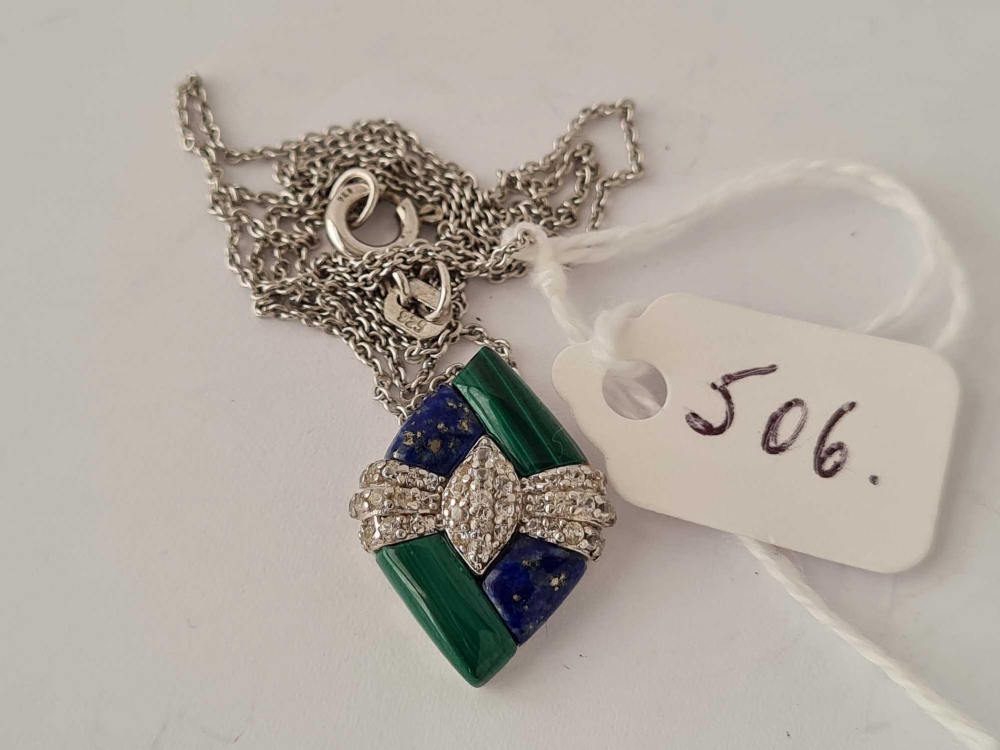 A art deco silver lapis and malachite white stone pendant on silve chain