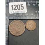 Two American 1 cent coins 1848 and 1890