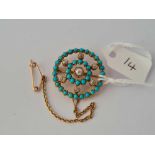 CIRCULAR DIAMOND TURQUOISE AND PEARL BROOCH 15CT GOLD 5.8g