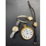 Ingersoll pocket watch and three ladies wrist watches
