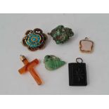 Agate cross, turquoise brooch etc 6 pieces