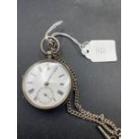 Gents silver pocket watch with metal albert and key