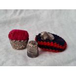 A Chester small Chic mounted as a needle holder by SM and another basket pin cushion, A/F