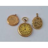 A vintage rolled gold pocket watch and two 9ct back & front lockets