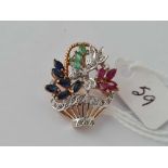 A vintage sapphire emerald ruby and diamond basket of flowers 18ct gold 5.2 gms