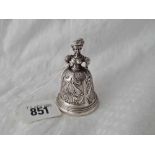 An antique Continental table bell (no clapper) in form of Lady, 2.5" high, import mark for Sheffield