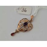 A pretty heart shaped and scrolled art nouveau amethyst and pink garnet pendant 9ct