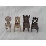 Four miniature chairs with decorative backs, Birmingham 1905 etc