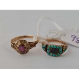 A antique gold turquoise ring size M and gold purple cluster ring size Q 3.8 gms inc