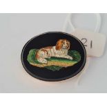 Antique Victorian micro mosaic brooch of a dog mounted in gold, 36 x 27mm