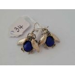 A pair of silver and marcasite lapis drop earrings in the form of bees