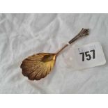 A Victorian caddy spoon with gilt shell bowl, markers mark RS only