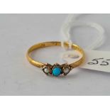 A Georgian turquoise and pearl ring 22ct gold size R 1.5 gms
