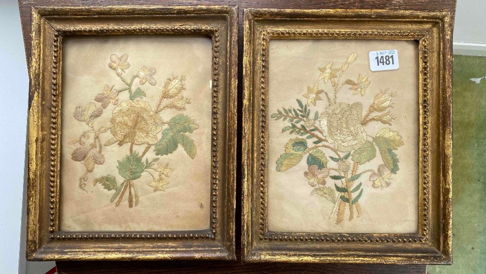 Pair of Georgian needlework pictures 8.5 in x 6.5 in