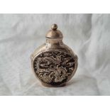 A Chinese scent bottle and stopper chased with a bat on one side and a dragon on the other, 2.5"