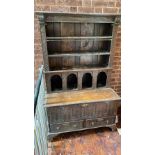 Antique small Oak dresser with shelves and blanket chest base. 3'3" wide