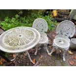 Cast aluminium circular garden table and two chairs