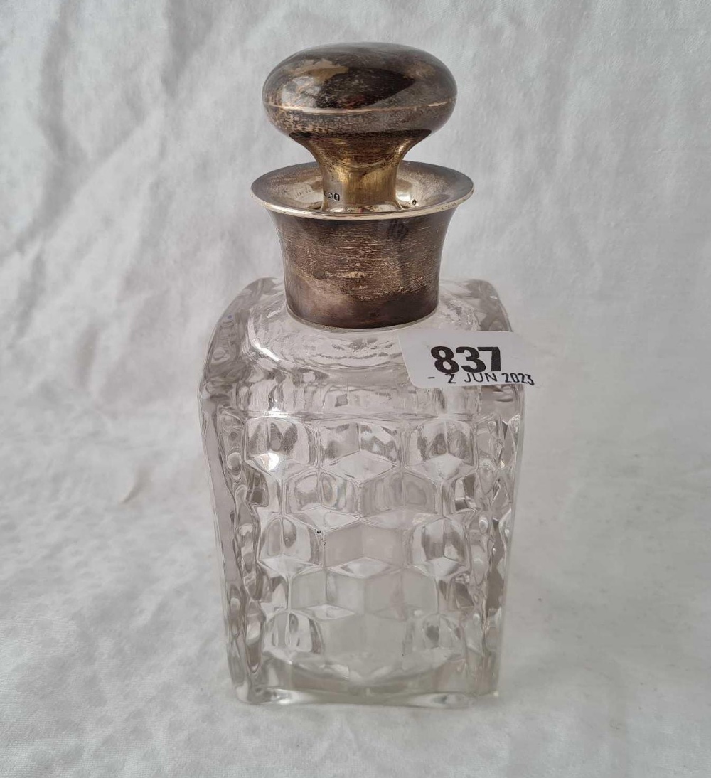 A small square decanter with glass body by Mappin & Webb 1926, 6.5” high