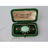 Antique Victorian green enamel 15ct brooch set with rose diamonds and a large central opal. Brooch