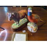 A Worcester Short horn Bull with plinth and a Spode Pheasant, damaged